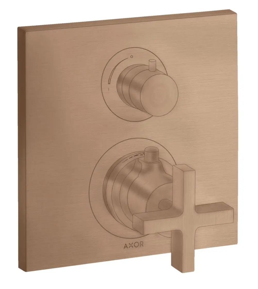 Thermostat-Unterputz mit Ab- und Umstellventil und Kreuzgriff in gebürstetem Rotgold von AXOR. Zwei verstellbare Elemente für Wasserdruck und Temperatur.